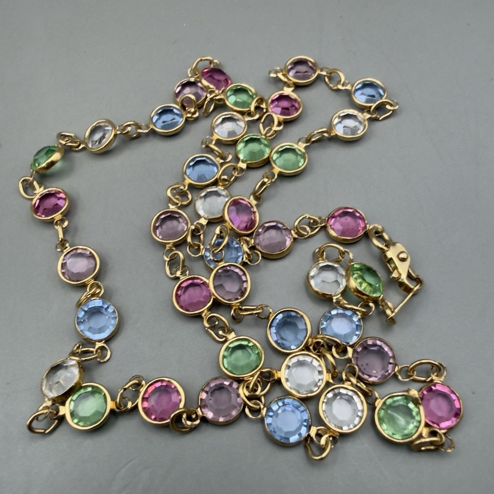Vintage Pastel Open Bezel Crystal Station Necklace 24KGHE Gold Tone 24"